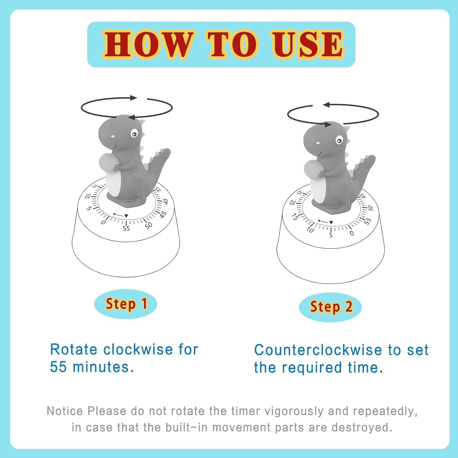 2 Pack Kitchen Timer, Cute Dinosaur Timer for Kids, 100% Mechanical Egg Timer for Cooking/Reading/Classroom/Do Sports.（Dinosaurs）