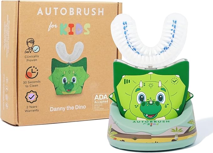 autobrush Kids Electric Toothbrush – Only ADA Accepted U-Shaped Toothbrush, Clinically Proven Up to 5.1X Better Cleaning, 30 Seconds, Full-Mouth 360 Coverage, LED Lights, Music, Ages 6-8, Dinosaur