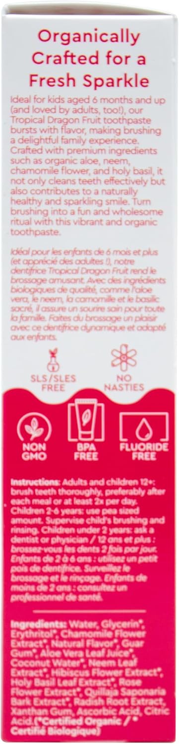 RADIUS USDA Organic Kids Toothpaste 3oz Non Toxic Chemical-Free Gluten-Free Designed to Improve Gum Health for Children's 6 Months and Up - Dragon Fruit - Pack of 3