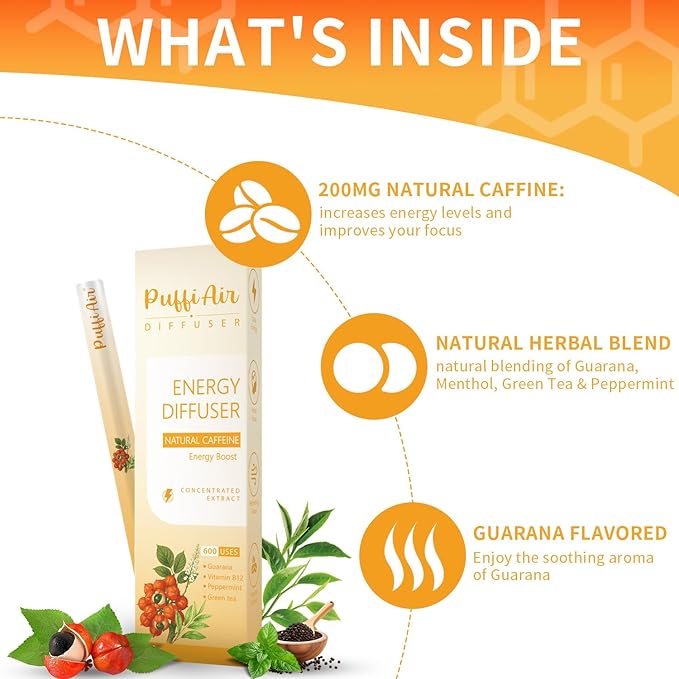 Energy Herbal Diffuser Pen - Caffeine Diffuser for Energy Boost (Guarana, Green Tea, Peppermint & Menthol) - 600 Uses, 1 Sticks