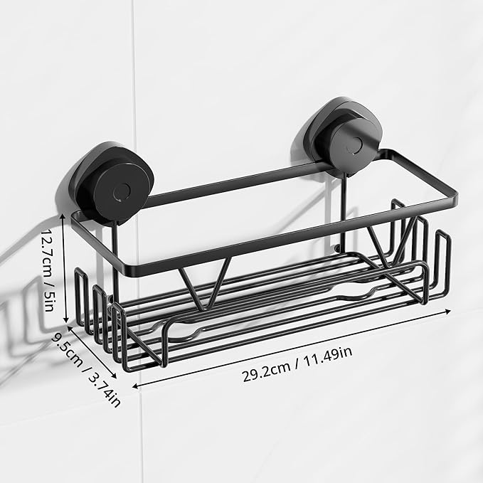 KEGII Shower Caddy Suction Cup with Hooks, Large Capacity Shower Suction Shelf, Heavy Duty Bathroom Organizer, No Drilling Stainless Steel Shampoo Holder for Bathroom Storage, Black