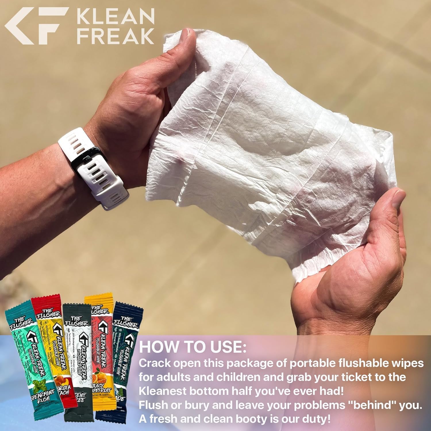 THE KLEAN FREAK FLUSHER -Flushable Wipes For Adults & Kids - 100% BIODEGRADABLE Individual Wrapped Travel WET Wipe for Toilet - Soothing Aloe & Witch Hazel - Alcohol Free 20 Pack - Juicy Grapefruit