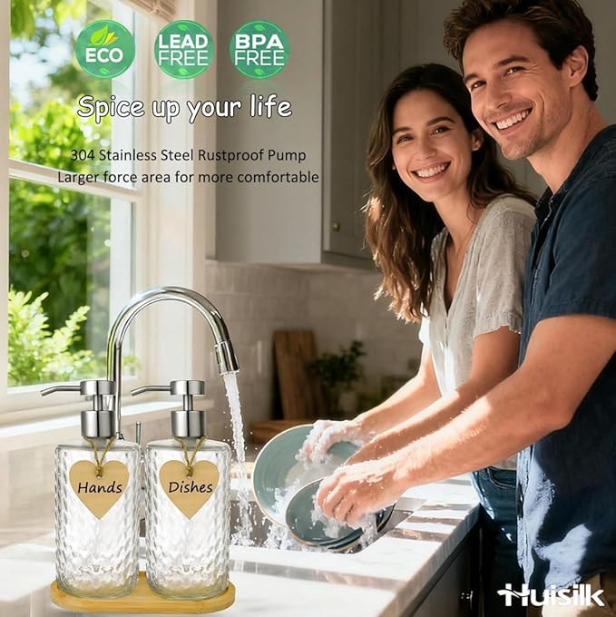 Glass Soap Dispenser Set with Bamboo Tray - 2 Pack 16 Oz Arrow Embossed Refillable Bottles with Silver Rustproof Stainless Steel Pump for Hand Dish in Farmhouse Modern Bathroom Kitchen (Clear)