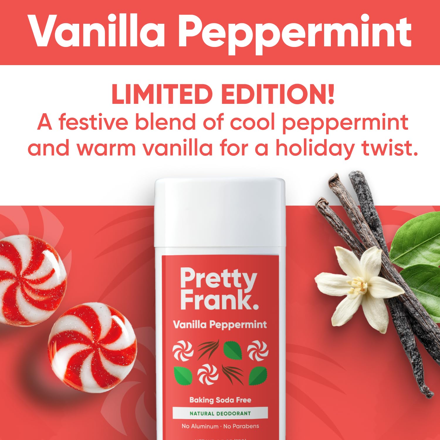 Pretty Frank Natural Aluminum-Free Deodorant Stick, Baking Soda-Free, Vanilla Peppermint (1-Pack) | Sensitive Skin Friendly, Effective Odor Control for Women & Men, Organic Ingredients