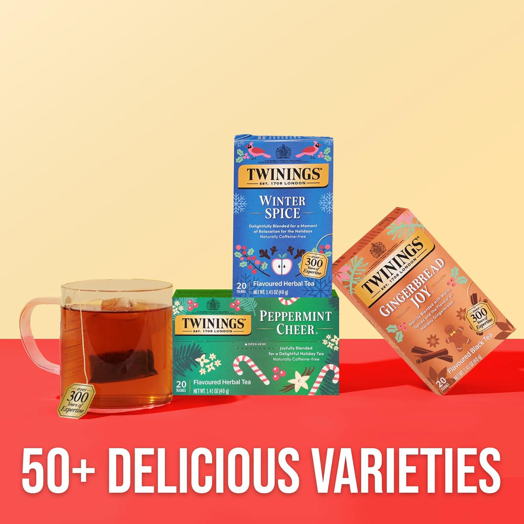 Twinings Peppermint Cheer Herbal Tea Individually Wrapped Bags, 20 Count (Pack of 2), Peppermint & Vanilla, Naturally Caffeine-Free, Enjoy Hot or Iced, 20 Teabags