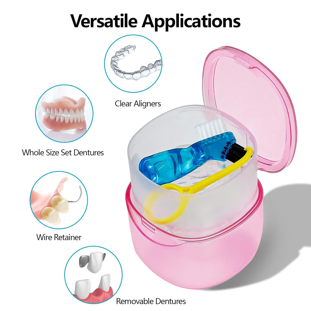 Travel Denture Case Denture Soaking Container with Brush, Denture Cleaning Case Retainer Bath Box Case False Teeth Container - Leak Proof & Lid Waterproof - Transparent Pink