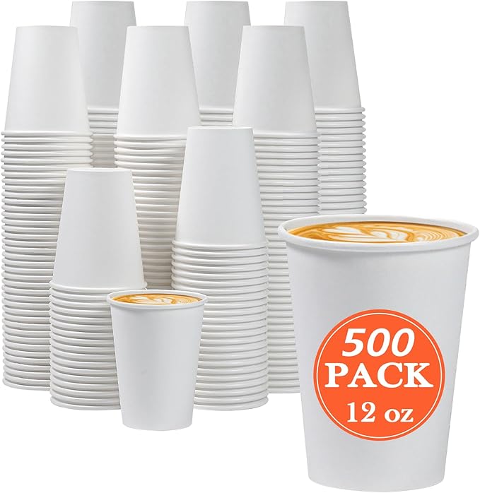 Lamosi 500 Count 12 oz Paper Coffee Cups, Disposable Paper Coffee Cups for Hot or Cold Drinks, 12 Ounce White Beverages Water Cups for Party, Picnic, Travel, Events