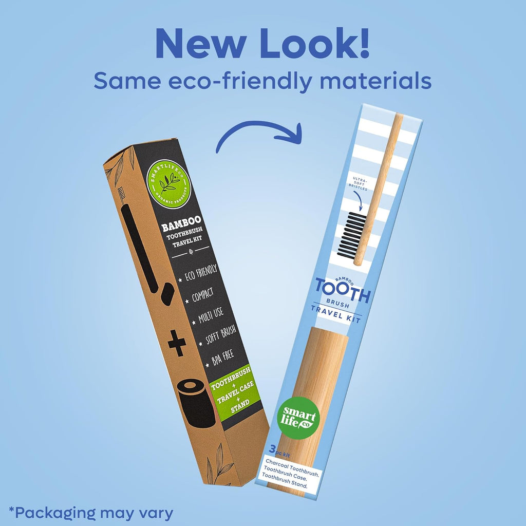Bamboo Charcoal Toothbrush with Travel Case & Holder Kit - Extra Soft Natural Bristles for Sensitive Teeth | Eco Friendly Portable Wooden Travel Set | Single Wood Toothbrushes Stand & Cover