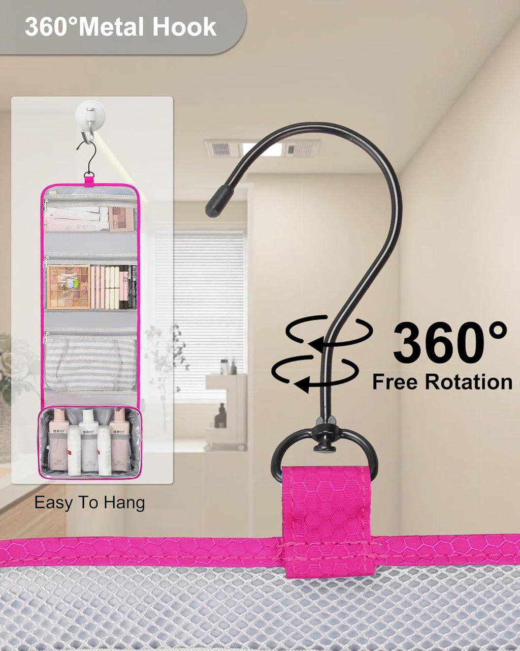 Relavel HangingTravel Toiletry Bag for Women, Large Capacity Toiletries Bag, Travel Essentials Organizer, Hanging Makeup Case for Accessories, Waterproof Bathroom Shower Bag (hot pink)