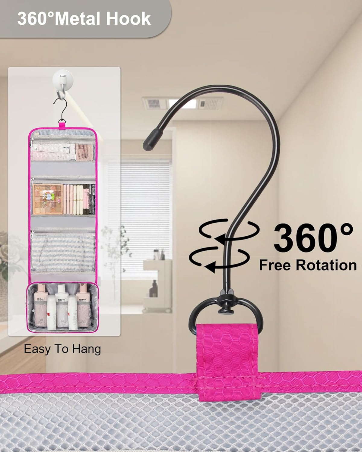 Relavel HangingTravel Toiletry Bag for Women, Large Capacity Toiletries Bag, Travel Essentials Organizer, Hanging Makeup Case for Accessories, Waterproof Bathroom Shower Bag (hot pink)