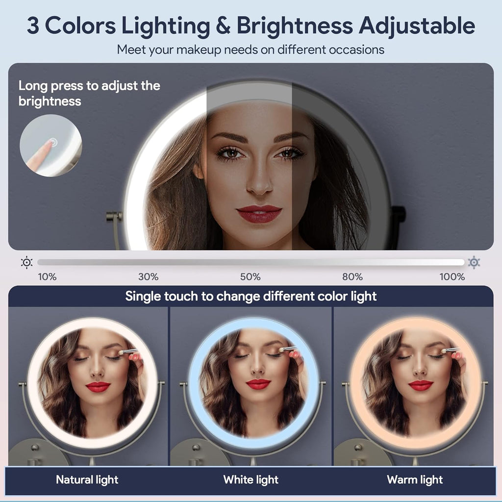 Rocollos Rechargeable Wall Mounted Lighted Makeup Mirror, 8 Inch Double-Sided LED Vanity Mirror 1X/10X Magnification,3 Color Lights Touch Screen Dimmable 360°Swivel 13 Inch Extendable