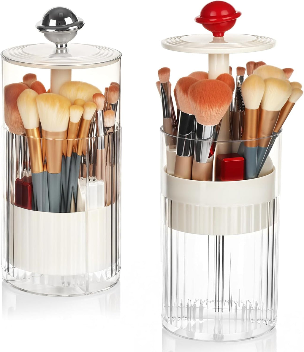 2 Pack Makeup Brush Holder with Lid Automatic Lifting Makeup Brush Organizer with Lid Dustproof & Waterproof 4-Compartment Clear Makeup Organizer for Vanity,Office,School,Dorm Room,Red+Silver