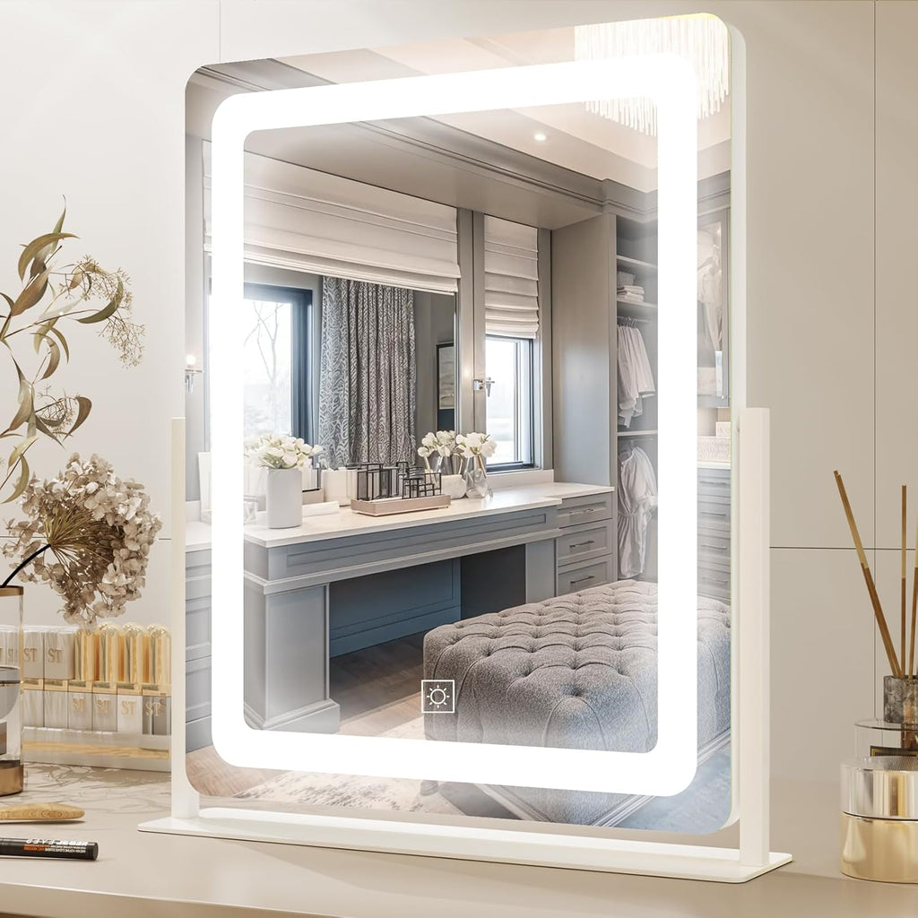 PRIMETEK Vanity Mirror with Lights, 19"x22" Large Makeup Mirror with Lights, LED Lighted Makeup Mirror, Touch Screen with 3-Color Lighting, Dimmable for Vanity Desk Tabletop, Bedroom, White