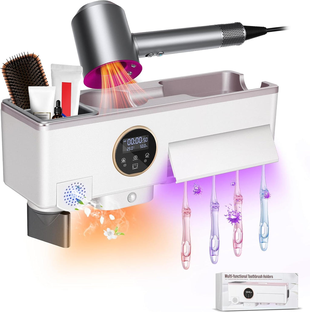 Werhoo Toothbrush Holders for Bathrooms 4 Slots. Hair Dryer Holder, UV Toothbrush Holders with Timer Function, with Hand Dryer Function,Supports Nighttime sen/SOR Lighting,Suitable for Home Bathroom