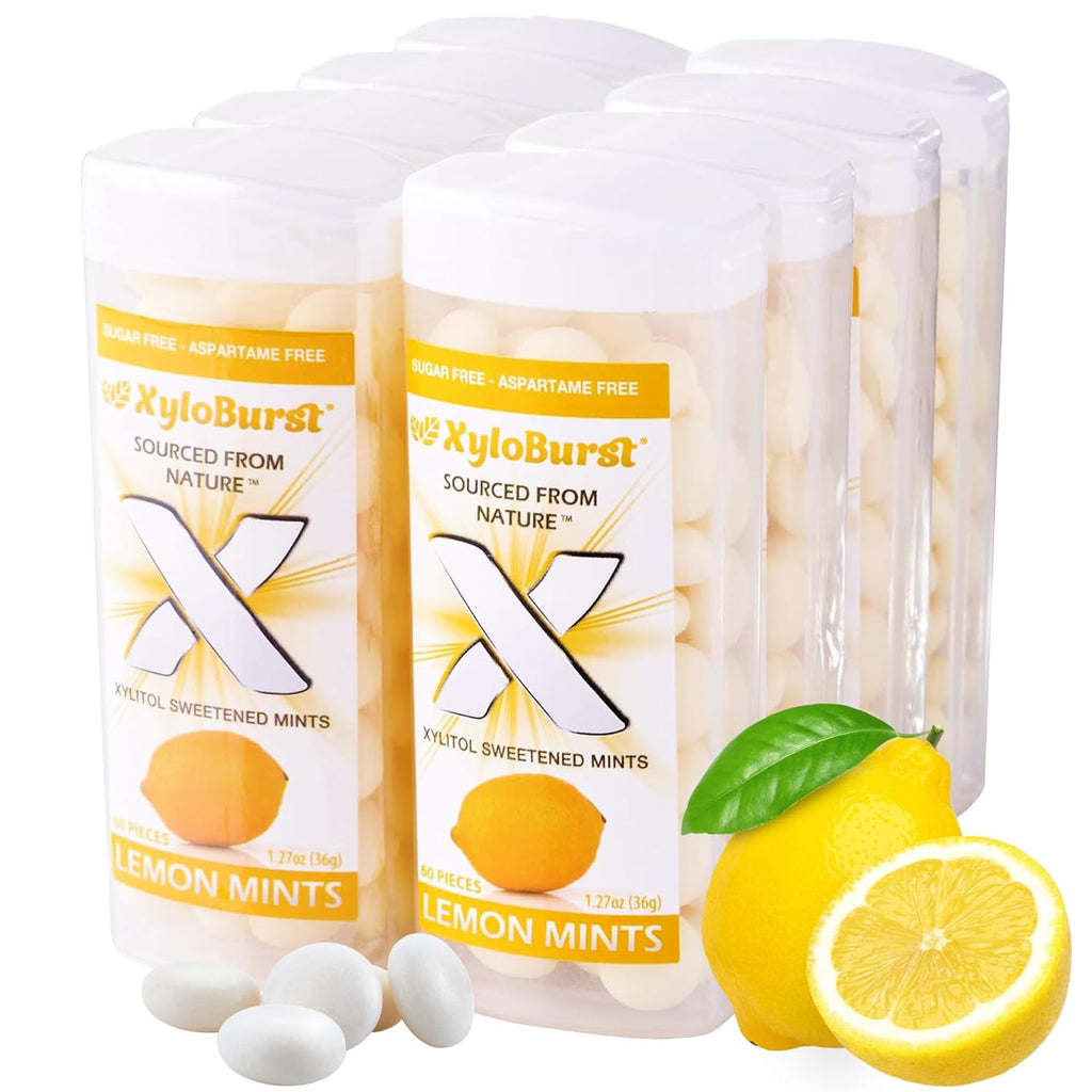 XyloBurst - Xylitol Mints | Sugar Free Breath Mints for Oral Health | Gluten Free, Vegan, Keto Friendly | Aspartame Free | Lemon | 60 Count Jar, 8-Pack