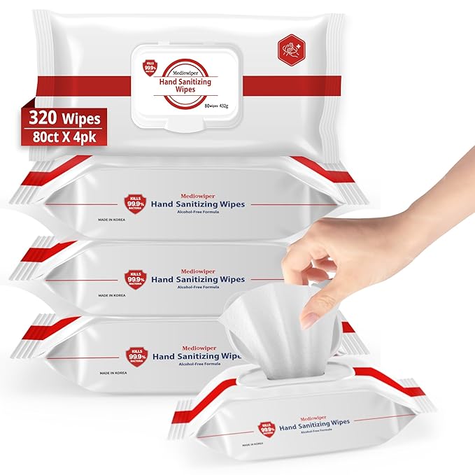 MEDIWIPER 80ct Unscnted Alcohol-Free Hand Sanitizing Wipes, Wet Wipe, Hand Sanitizer (320 Wipes (80 * 4))