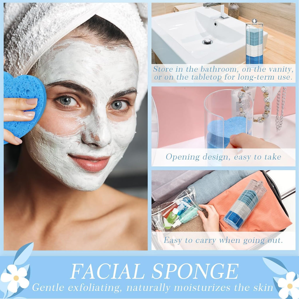 Sieral 120 Pcs Compressed Facial Sponges with Container Disposable Face Sponge Pads for Washing Face Cleansing Exfoliating Esthetician Makeup Removal(Heart,Blue, Light Blue, White)