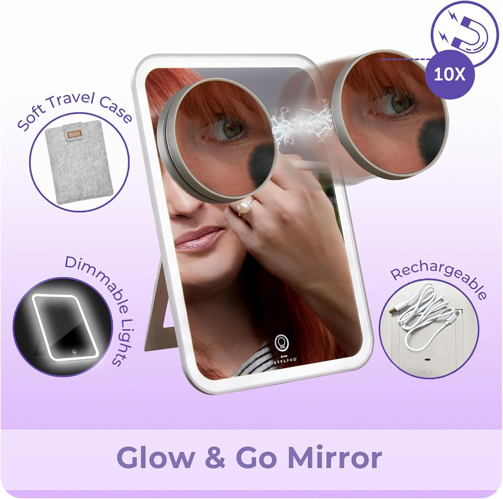 stylPro Glow and Go Travel Mirror - Makeup Mirror with Lights Perfect for Hair Styling - USB Rechargeable - with Protective Sleeve - 1 pc