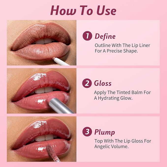 KIMUSE 3PCS Lip Combo Set - Matte Lip Liner Pencil + Hydrating Tinted Lip Balm + Juicy Lip Gloss Tint, Non-Sticky, Long-Lasting, High Pigment Lip Makeup Kit (Sweet Fig Set)