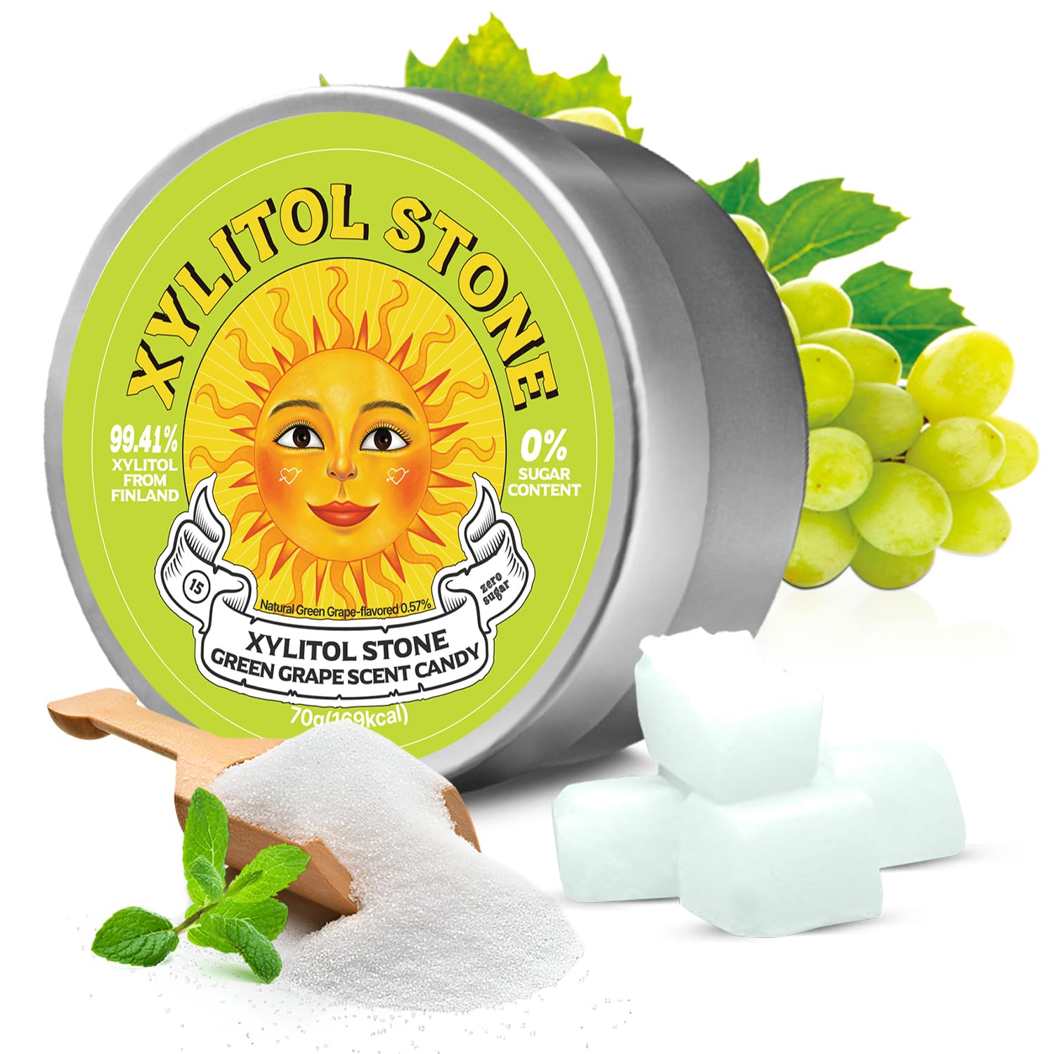 Xylitol Stone Sugar Free Candy - Vegan & Keto Friendly Unique Hard Candy Sugar-Free - 100% Natural Flavor Candies - Gluten Free & Non-GMO Breath Freshener Low Calorie Mints - Green Grape (Pack of 1)