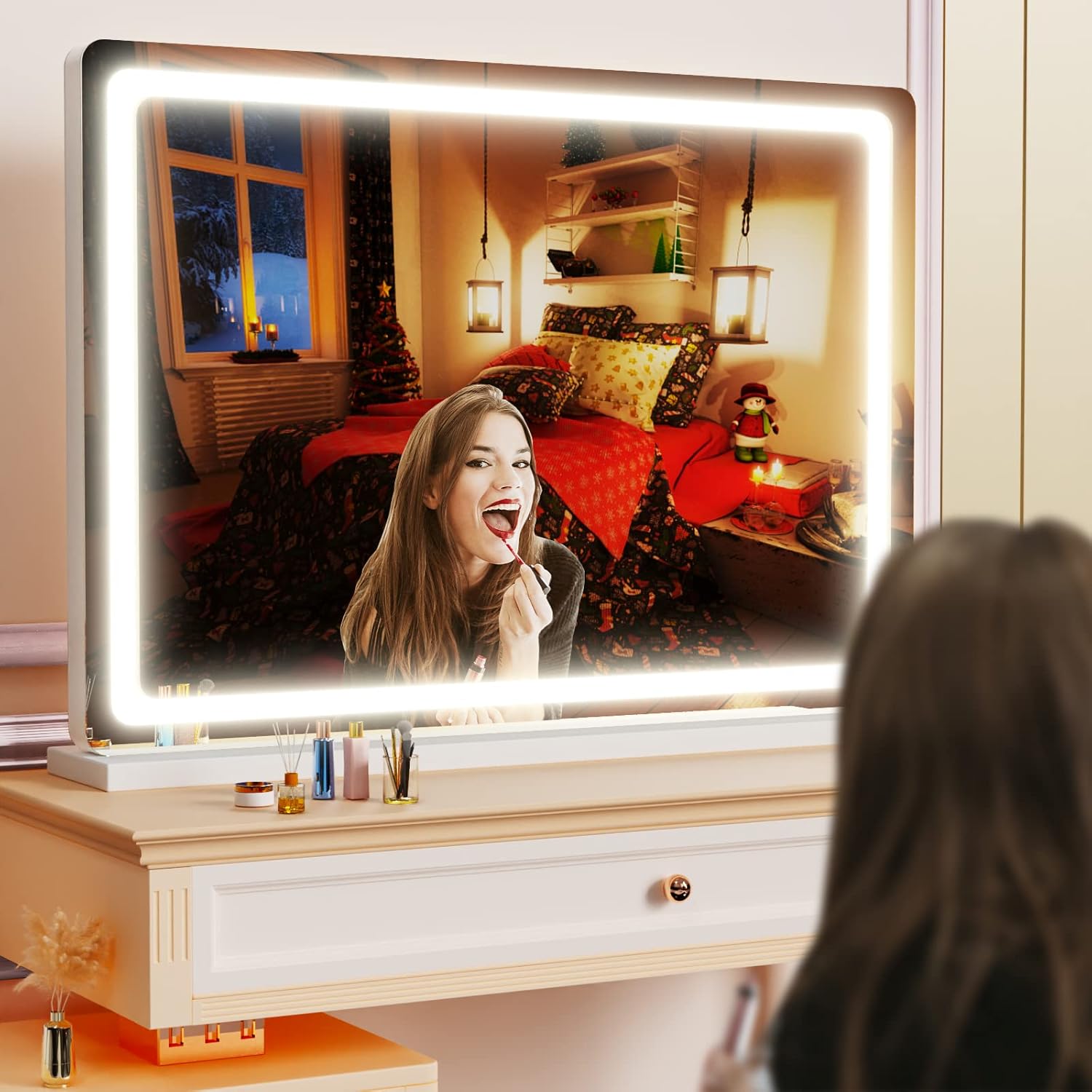 Makeup Vanity Mirror with Lights 32" x 24" Large LED Makeup Mirror, Light up Mirror with 10X Magnification and USB Charging Port, with Dimmable 3 Modes, Touch Screen Control Round White
