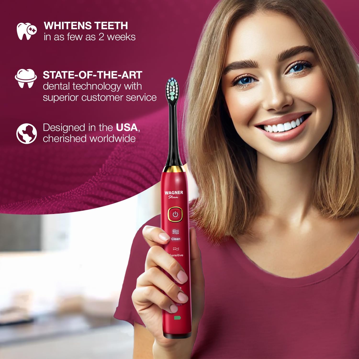 Wagner Stern The Ruby Red Edition ultrasonic whitening Electric Toothbrush Features Five Brushing Modes, Eight Soft Brush Heads, and a Premium Travel case.