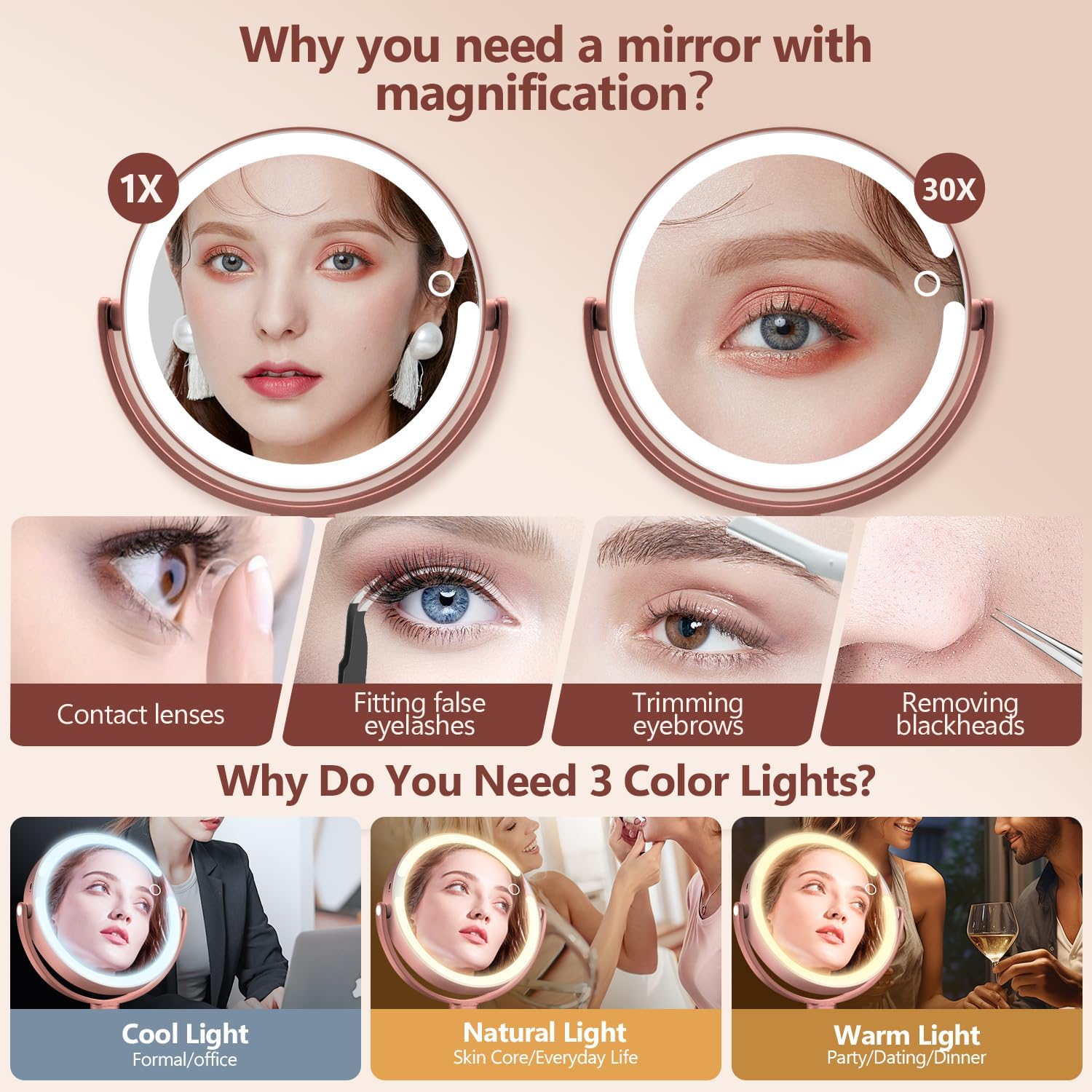 MIYADIVA Makeup Mirror with Lights, 30X Magnifying Mirror with Light and Touch Switch, Vanity Mirror with 3 Color Light and 80 LEDs, Height Adjustable Desk Mirror with Lights, Rose