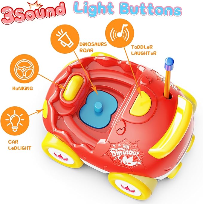 2 Pack Dinosaur Remote Control Cars Toys for Kids 2 3 4 5 6 Years Old, Christmas Birthday Gifts for Boys and Girls Ages 2-6, Dino Race Car Toddlers Toys with Music and Light(Red Blue)