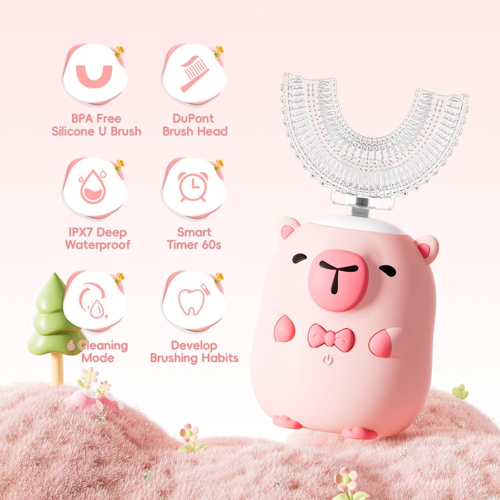 Kids Electric Toothbrush U Shaped - Cartoon Capybara with 6 Brush Heads Full Mouth Degree Cleaning Sonic Toddler Automatic Toothbrush with IPX7 Waterproof (Pink 2-14 Years)