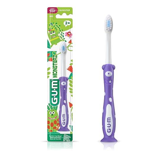 GUM Monsterz Children and Toddler Toothbrush, Soft Bristled Kids’ Toothbrush with Suction Cup, for Ages 2+, 1 Count(Pack of 6)