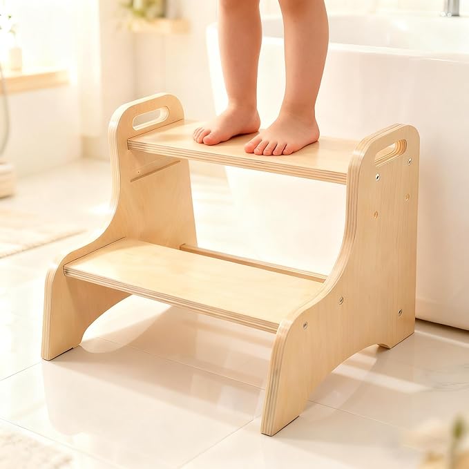 Toddler Step Stool, 2-Step Wooden Step Stool with Adjustable Hight, Sturdy 330lbs Capacity Kid Stool for Toddlers, Easy-Wipe Surface (Natural Wood)