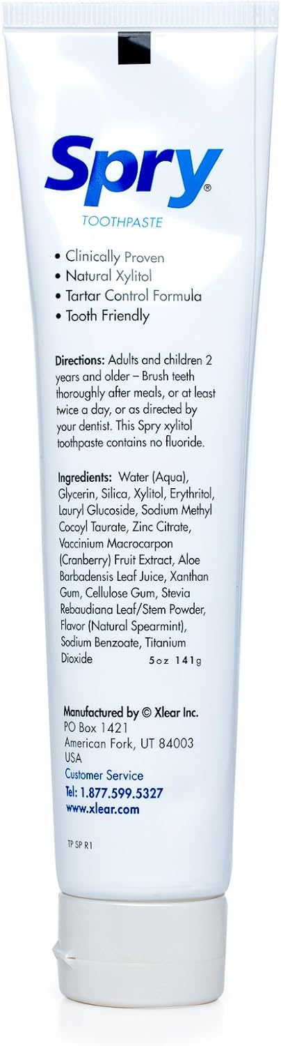 Spry Natural Xylitol Toothpaste 5oz for Adults and Kids - Fluoride Free, Gentle for Sensitive Teeth Whitening and Remineralizing, Breath Freshening, Mouth Moisturizing, Spearmint (Pack of 1)