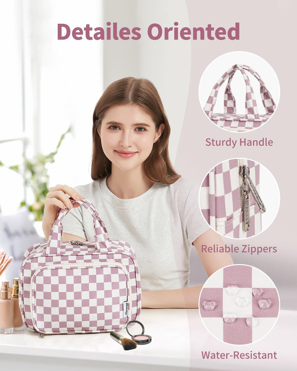 Narwey Large Travel Toiletry Bag for Traveling Women, Cosmetic Makeup Bag Make Up Organizer, Checkered Travel Bag for Toiletries with Handle (Dusty Rose Checkerboard)