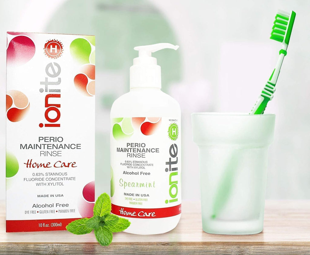 Ionite-H Home Care - Periodontal 0.63% Stannous Fluoride Mouthwash for Oral Treatment - Perio Maintenance Flouride Rinse Mouthwash - with Mixing Cup/Shaker and Dispensing Pump (10 Fl oz, Spearmint)