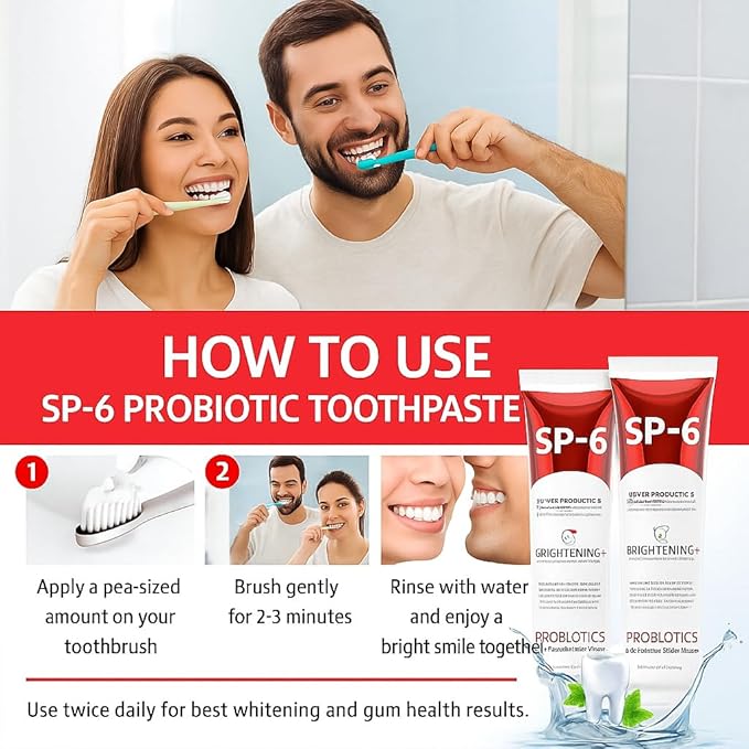SP-6 Probiotic Whitening Toothpaste - Advanced Deep Stain Removal for Coffee, Tea & Smokers - Natural Teeth Whitener for Sensitive Enamel - Fresh Breath Mint Flavor [2 Pack / 2x100g]