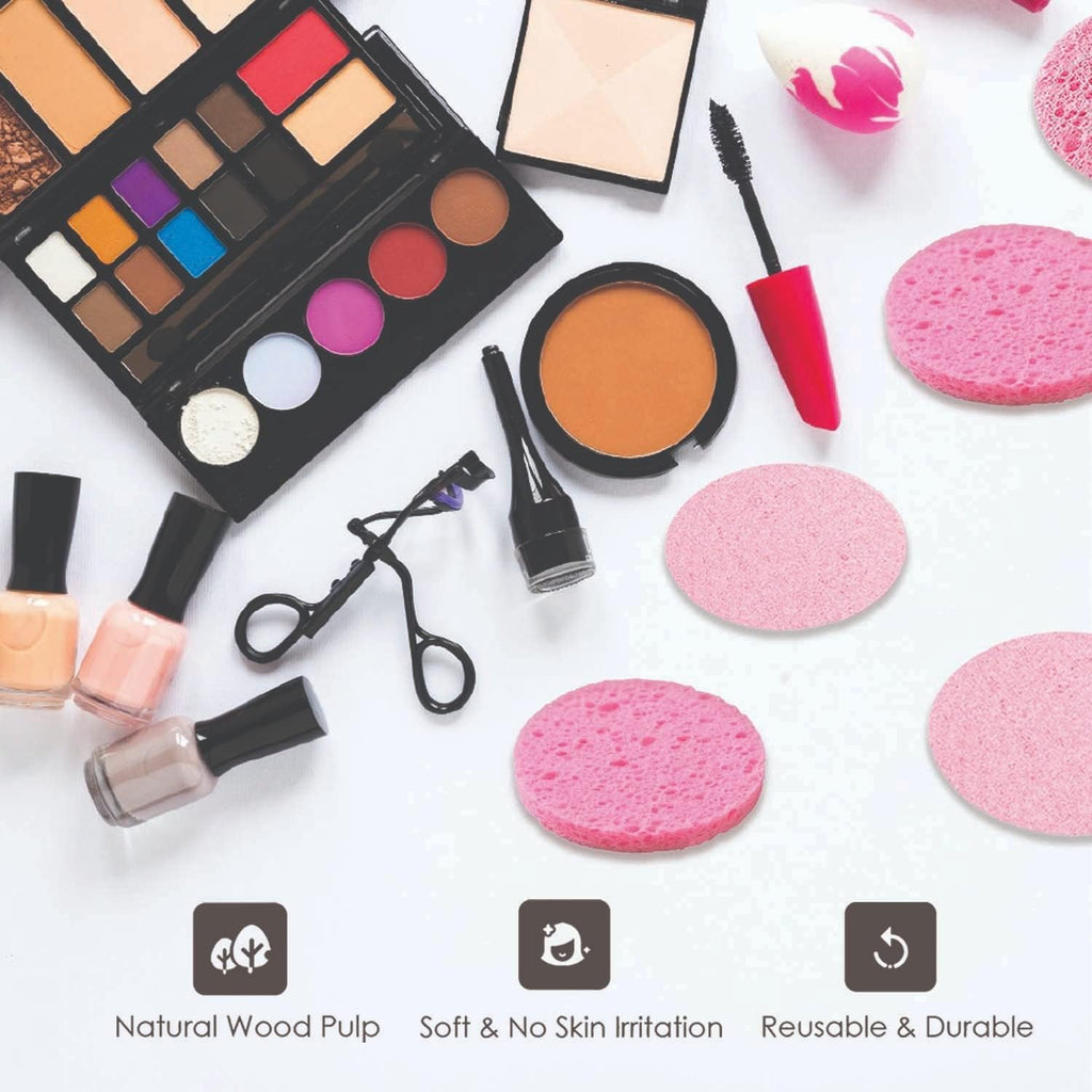 100-Count Compressed Facial Sponges, 100% Natural Cosmetic Spa Sponges for Facial Cleansing, Exfoliating Mask Pink Round