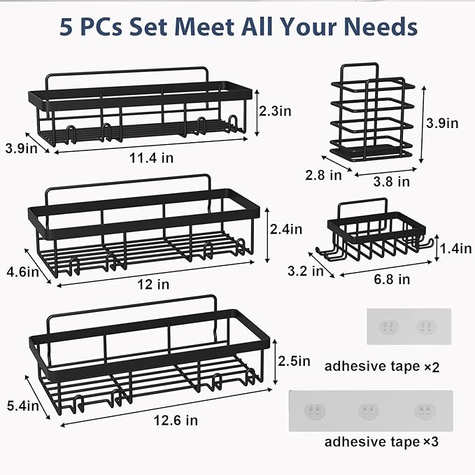 5 Pack Shower Caddy Organizer Rack Shelf for Inside Shower, Adhesive Bathroom Wall Storage Basket Rustproof Stainless Steel Shampoo Holder, Bathroom Accessory Decor Set, Black.
