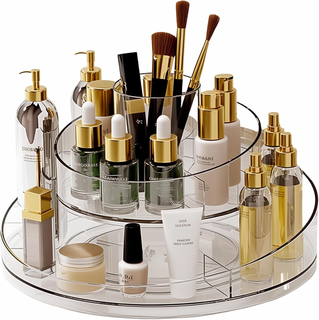 Taiuloo 360 Rotating Makeup Organizer, Clear Acrylic Lazy Susan Cosmetic Storage Turntable for Skincare, Perfume & Lipstick, Round Spinning Tray with Brush Holder for Vanity, Bathroom