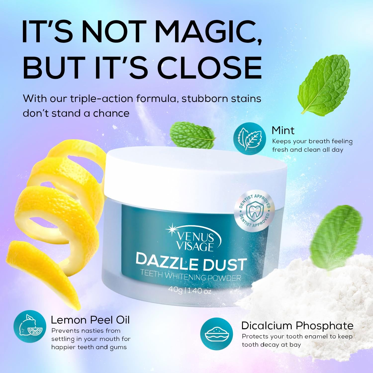 Venus Visage Dazzle Dust Teeth Whitening Powder - Enamel-Safe Toothpaste Powder for Stain Removal (40 g/140 oz)