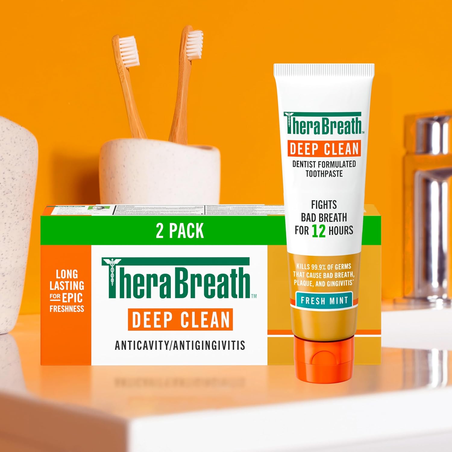 TheraBreath Deep Clean Toothpaste, Kills 99.9% of Germs That Cause Bad Breath, Gingivitis & Plaque (1), Gentle Teeth Whitening with Fluoride for Anticavity Protection, Fresh Mint, 4 Oz, 2-Pack