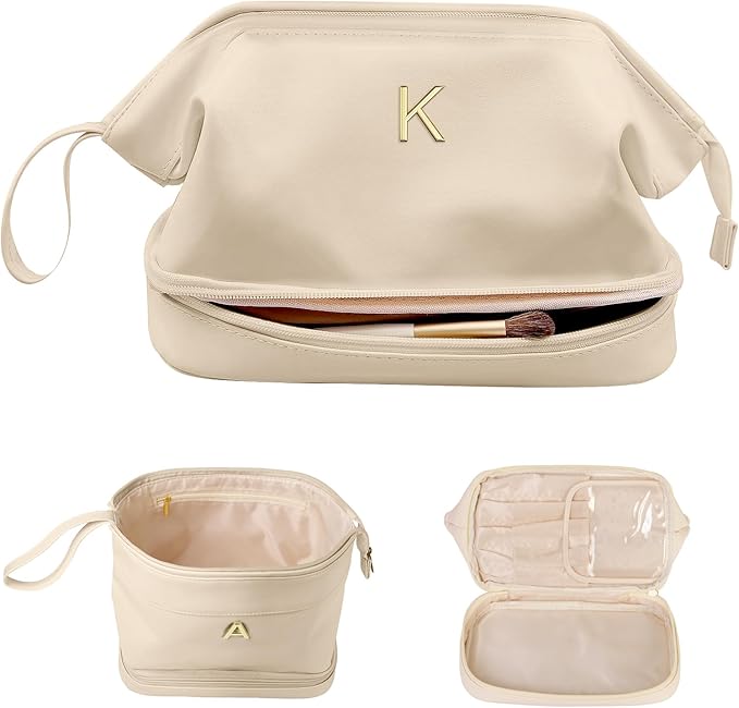Teacher Appreciation Gifts-Initial Large Makeup Bag, Double Layer Cosmetic Bag with Makeup Brush Organizer, Birthday Gift Bag for Women/Girl PU Leather Toiletry Bag