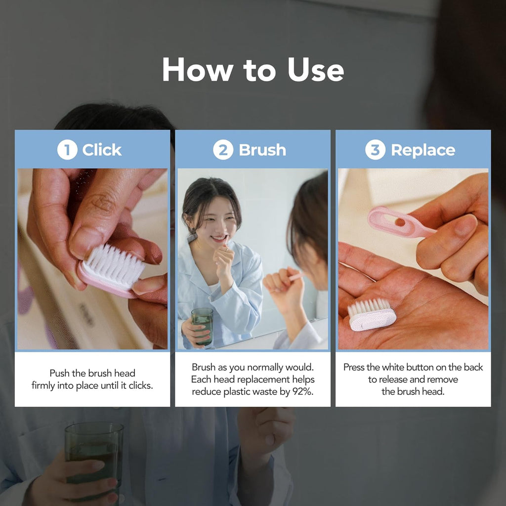 Reseio Eco Toothbrush Set with 3 Replaceable HeadsㅣSoft BristlesㅣPlastic-FreeㅣBPA-FreeㅣSustainable Oral CareㅣTravel Pouch Included - Blue