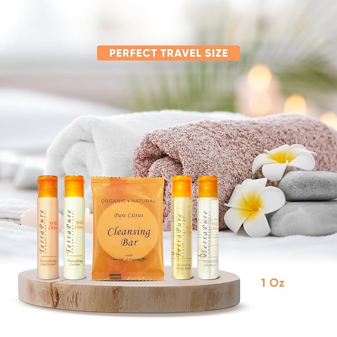 Terra Pure Wild Citrus Hotel Amenities Set | 1-Shoppe Amenities Kit | 1oz Shampoo, Conditioner, Body Wash, Lotion, Bar Soap | Travel Size | 300 Pieces