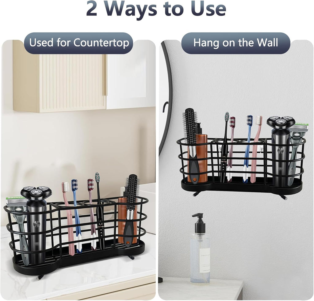 Wall Mount Toothbrush Holder for Shower Stainless Steel Toothbrush Stand, Self-Adhesive Wallmount/Countertop 4 Slots Bathroom Accessories Organizer (Black)