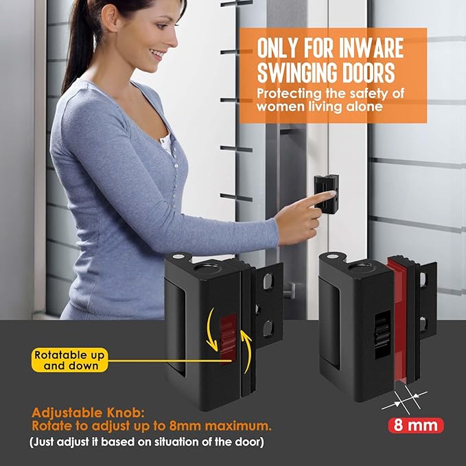 Home Security Door Reinforcement Lock - 800lbs Force Child Proof Flip Lock, Anti-Kick Portable Door Lock for Apartments & Travel, Extra Safety for Inward Swinging Doors from Inside (Black-1set)