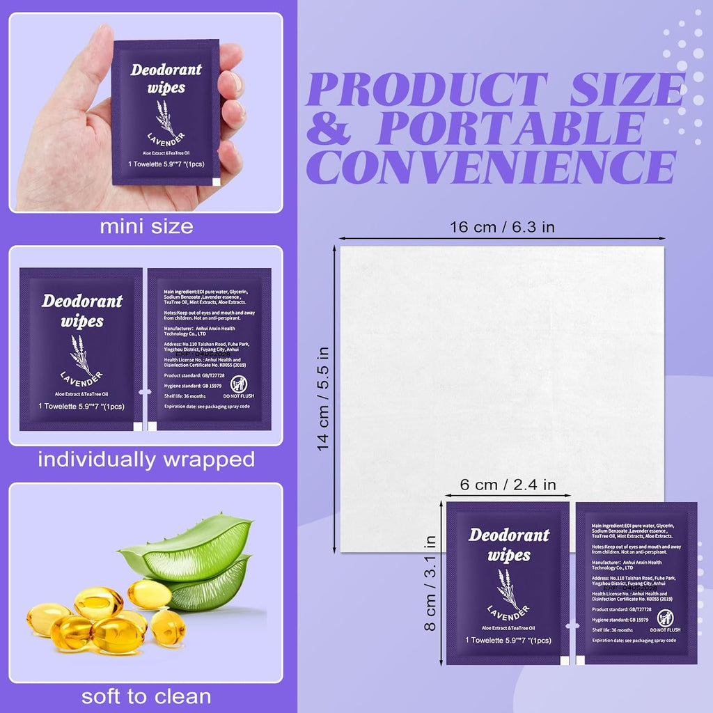 Travel Deodorant Wipes Individually Wrapped,Body Wipes to Clean Skin for Women Men（Lavender,pack of 50)