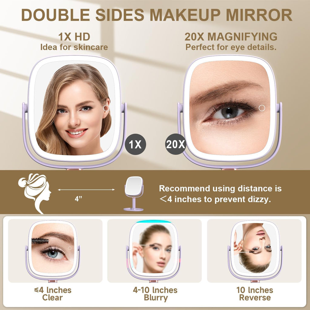 Mocado Makeup Mirror with Lights, 1X/20X Magnifying Mirror with Light, Vanity Mirror with 3 Colors Lights, Height Adjustable Lighted Makeup Mirror, Double Sided 360°Rotation, Memory Function (Purple)