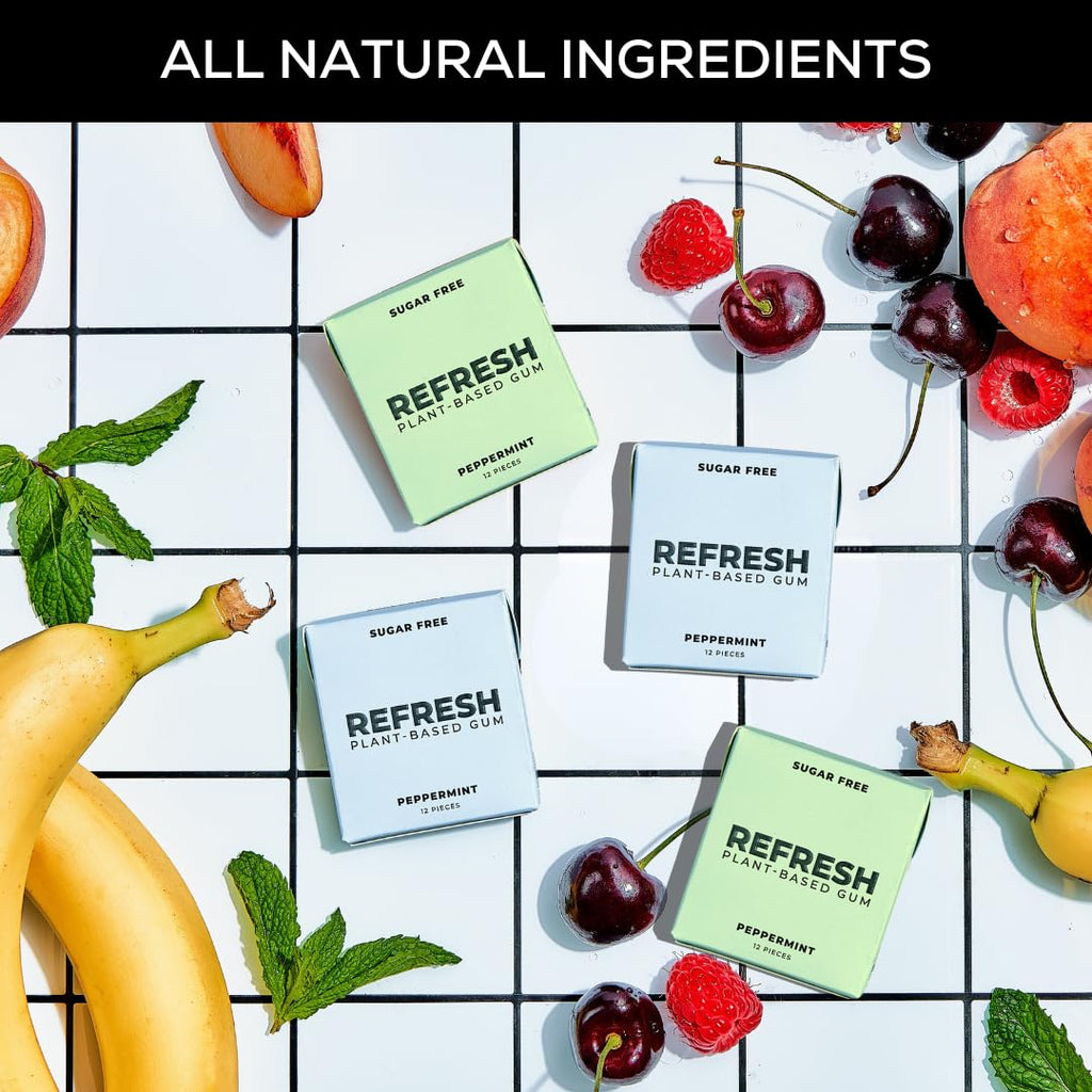 Refresh Gum, Xylitol, Natural, Sugar Free, Chewing Gum, Plastic Free, Natural Flavors & Organic Ingredients, Non GMO, Gluten Free, Vegan, Peppermint & Garden Mint