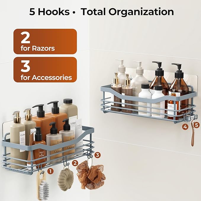 Orimade Shower Caddy Basket Shelf Storage Rack, No Drilling Wall Mounted Adhesive Rust Proof Stainless Steel Shower Organizer with 5 Hooks for Bathroom, Light Blue Grey 2 Pack