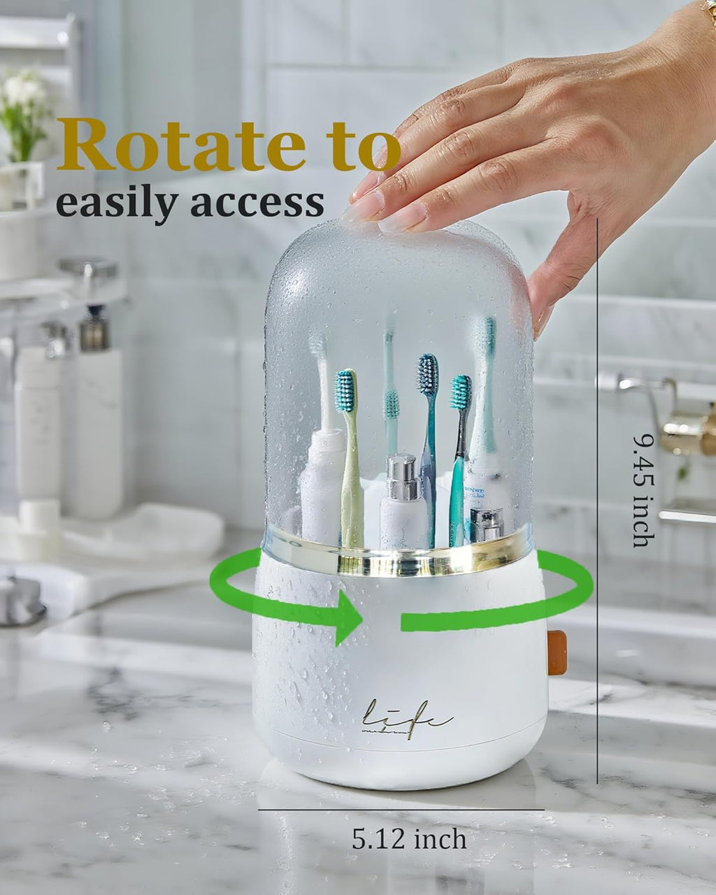 bubooo 360° Rotating Toothbrush Holder for Bathroom - Non-Slip Space-Saving 7-Slot with Cover & Drainage, Electric Toothbrushes/Toothpaste/Razor Organizer for Counter Vanity (White)